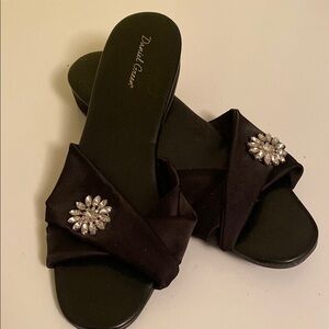 Daniel Green Black Satin with Crystal Embellishment Slide Sandal Size 10W